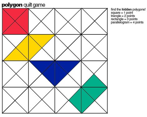 E is for Explore!: Polygon Quilt Game Third Grade Math Games, Quilt Math, Geometry Games, Writing Fractions, Learning Fractions, Math Card Games, Basic Geometry, Math Riddles, Math School