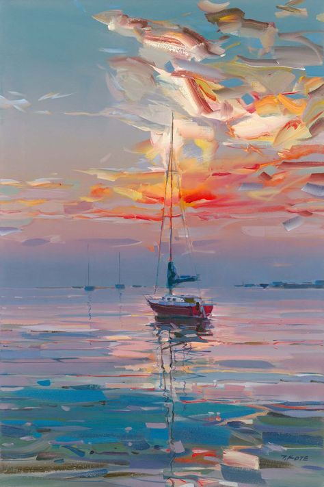 Boat Art Painting, Josef Kote, Landscape Boat Paintings, Josef Cote Art, Yacht Painting Art, Sail Fish Painting, Josef Kote Painting, Ocean Painting With Boat, Galleria D'arte