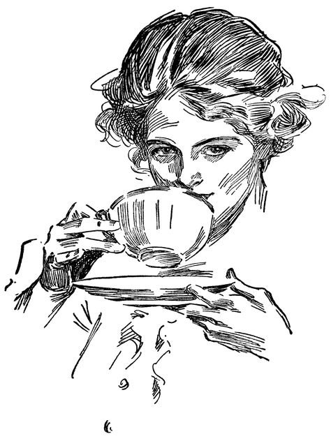 lady drinking tea, tea time graphics, vintage lady clip art, black and white clipart, Harrison Fisher sketch Best Tea Brands, Tea Brands, Victorian Lady, Clip Art Vintage, Illustration Vintage, Drinking Coffee, Art Style Inspiration, Digital Stamps, Art Plastique