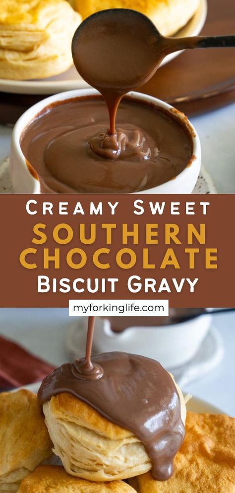 Creamy Sweet Southern Chocolate Biscuit Gravy is a decadent twist on a classic comfort dish! The combination of cocoa and cream delivers a delightful sweetness and velvety texture making it perfect for smothering over hot biscuits as a breakfast treat or dessert! Biscuits With Chocolate Gravy, Chocolate And Biscuits, Choc Gravy Recipe, Chocolate Biscuits And Gravy, Biscuit And Chocolate Gravy, How To Make Chocolate Gravy, Cocoa Gravy Recipe, Chocolate Gravy Recipe Easy, Biscuits And Chocolate Gravy