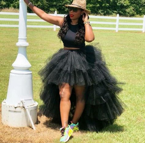 Black Tulle Skirt Outfit Casual Sneakers, Tutu And Sneakers Outfit, High Low Tutu Skirt For Women, 40th Outfits For Women, Tomboy Sweet 16 Party Ideas, Sneaker Ball Outfit Ideas Women 2023, Gown And Sneakers Outfit, Skirt Short In Front Long In Back, Sneaker Ball Tutu Outfit