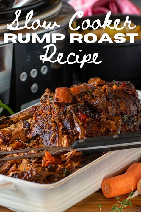 Tender slow cooker rump roast. Make this easy slow cooker pot roast into a complete meal for the entire family by adding simple ingredients like potatoes and carrots! Bottom Round Roast Crock Pot Recipes, Slow Cooker Rump Roast, Rump Roast Crock Pot Recipes, Cooking A Rump Roast, Rump Roast Recipe, Easy Slow Cooker Pot Roast, Crockpot Rump Roast, Top Round Roast Recipe, Beef Rump Roast