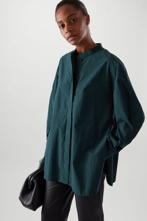 COLLARLESS PLEATED PANEL SHIRT - TEAL - Shirts - COS GB Panel Shirt, Teal Shirt, Collarless Shirt, Denim Blouse, Boyfriend Shirt, Women Shirts Blouse, Women's Shirts, Work Outfits, Shirt Sale