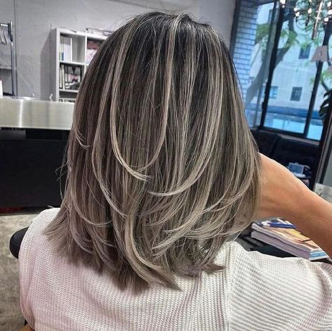 Medium Brown Hair With Highlights, Brown Hair Going Grey, Brown Hair With Silver Highlights, Soft Blonde Hair, Ash Balayage, Silver Hair Highlights, Golden Brown Hair Color, Long Hair Highlights, Grey Blonde Hair