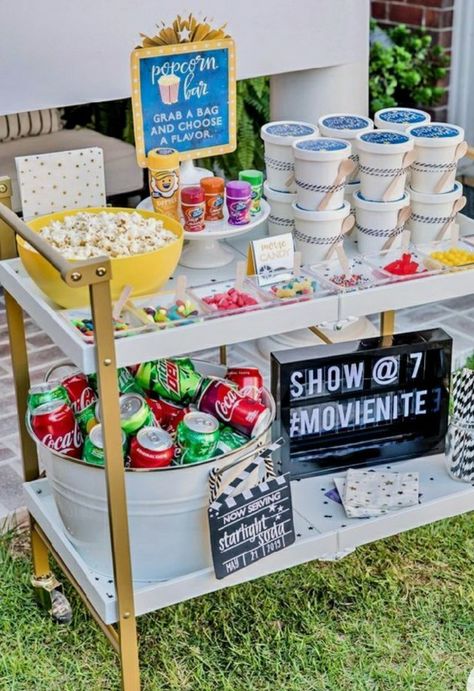 Movie Night Birthday Party Ideas, Backyard Movie Night Party, Popcorn Bar Sign, Birthday Movie Night, Outdoor Movie Party, Movie Night Birthday, Backyard Movie Party, Night Birthday Party, Movie Night Birthday Party