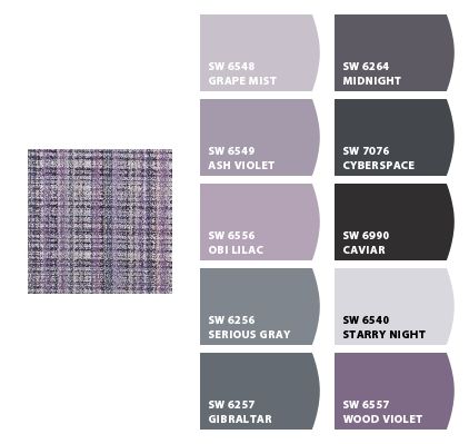 Purple And Gray Bedroom, Plum Color Palette, Purple Paint Colors, Worldly Gray, Sherwin Williams Color Palette, Paint Color Combos, Zyla Colors, Purple Color Schemes, Grey Palette