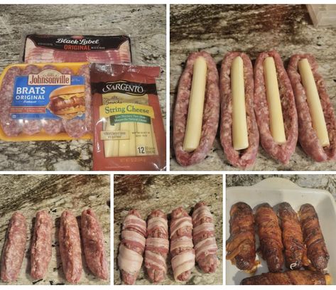 Brats Wrapped In Bacon, Loaded Sausage Brats, Bacon Wrapped Brats In Air Fryer, Brat Topping Ideas, Brat Meal Ideas, Cheddar Brats Dinner, Brat Recipes Easy Meals, Stuffed Brats, Bacon Wrapped Brats