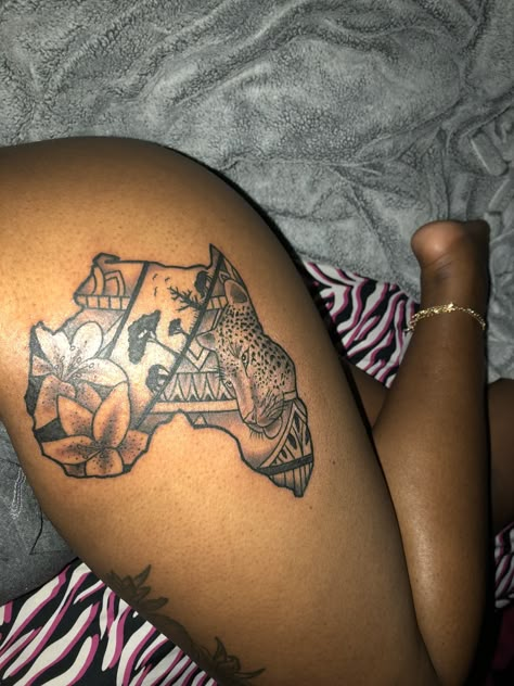 Back Shoulder Tattoos For Black Women, Baddie Hip Tattoos Women, Loc Goddess Tattoo, Bum Tattoo Black Women, Jamaica Tattoo For Women, Nubian Queen Tattoo, Thigh And Bum Tattoo Women, Simple Thigh Tattoos Women, Melanin Tattoo