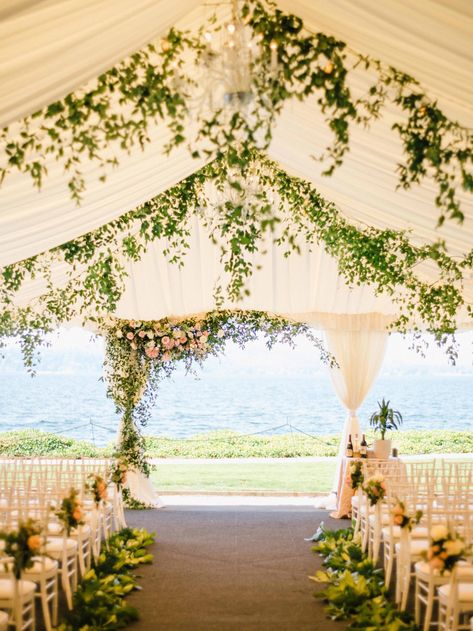 Wedding ceremony at the Woodmark Hotel Seattle | Flora Nova Design Marquee Wedding Decoration, Wedding Tent Decorations, Outdoor Tent Wedding, Tent Wedding Reception, Lake Washington, Spring Wedding Decorations, Wedding Hotel, Tent Decorations, Wedding Tent