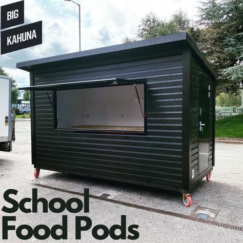 Food kiosk in black for school Electric Ideas, Food Stall Design, Street Food Design, Bbq Hut, Food Counter, Metal Building Designs, Container Restaurant, Mobile Coffee Shop, Big Kahuna