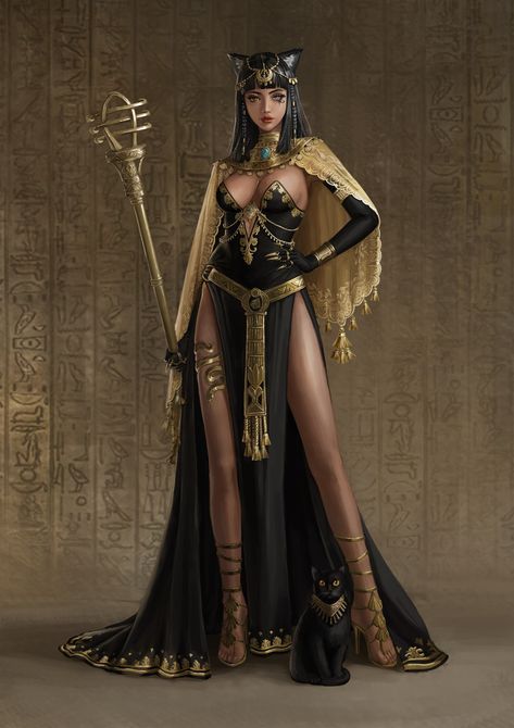 ArtStation - Egyptian cat god Basthet Egyptian Goddess Costume, Ootd Elegant, Cat God, Bastet Goddess, Egyptian Goddess Art, Egyptian Clothing, Anime Egyptian, Egyptian Fashion, Kawaii Naruto