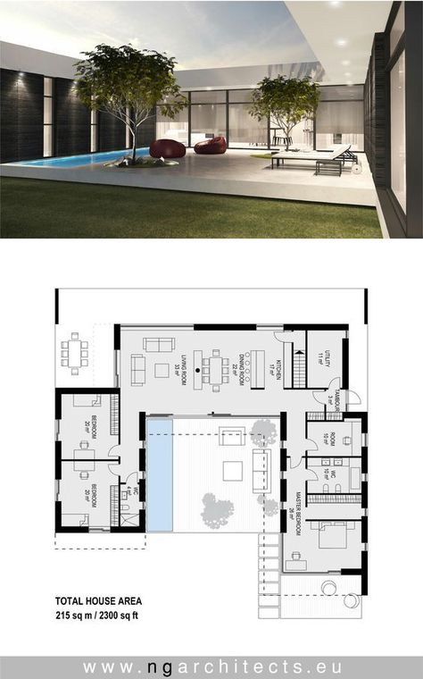 U Shaped House Plans, U Shaped Houses, Arsitektur Masjid, Modern Villa Design, Desain Lanskap, تصميم للمنزل العصري, Villa Plan, House Construction Plan, Daycare Ideas