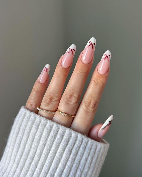 Save this pin for 38 chic French fashion tips with a festive twist! Elevate your holiday glam with these elegant and stylish ideas. #FrenchFashion #HolidayGlam #FashionTips Cute Christmas Nail Designs, Nail Transformation, Bow Nail Designs, Bow Nail, Glitter Accent Nails, Cute Christmas Nails, Classic Nails, Almond Nails Designs, Holiday Glam