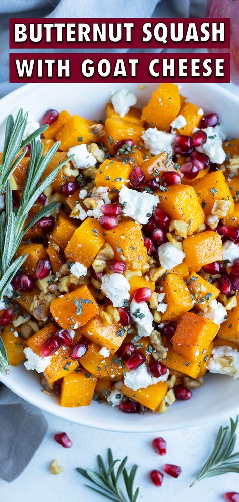 Butternut Squash Recipes Goat Cheese, Butternut Squash Pomegranate Recipes, Roasted Squash Thanksgiving, Holiday Squash Recipes, Squash Sides For Thanksgiving, Pomegranate Thanksgiving Recipes, Essen, Roasted Butternut Squash Thanksgiving, Easy Roasted Butternut Squash