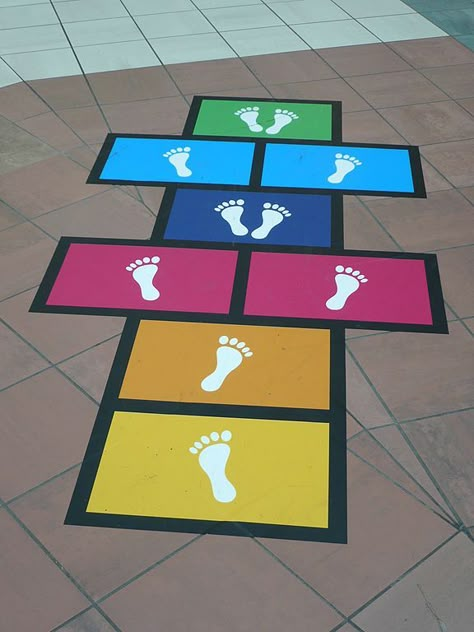 Preschool Hopscotch Ideas, Kids Challenges Activities, Gross Motor Activities For Preschoolers, Hopscotch Game, Playground Painting, Middle Childhood, Kids Obstacle Course, Physical Play, Ideas For Backyard