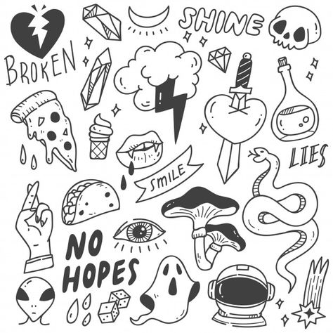 Set of cute graffiti doodle Premium Vect... | Premium Vector #Freepik #vector #food #heart #hand #line Food Flash Tattoo, Pizza Flash Tattoo, Retro Tattoo Sketches, Cool Hand Doodles, Doodle Art Inspiration, Cute Little Drawings Doodles, Doodles On Hand, Doodles Graffiti, Flashes Tattoo