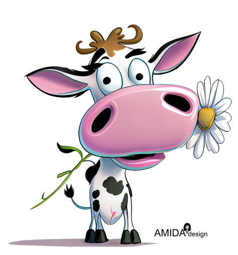 Beautiful Catrtoon Cow with Daisy Flower at her mouth Funny Cow Cartoon Images, Cow Illustration Design, Funny Cow Pictures, Cute Cow Art, Animated Cow, Cow Cartoon Images, Funny Cows, Cow Cartoon, Small Cow