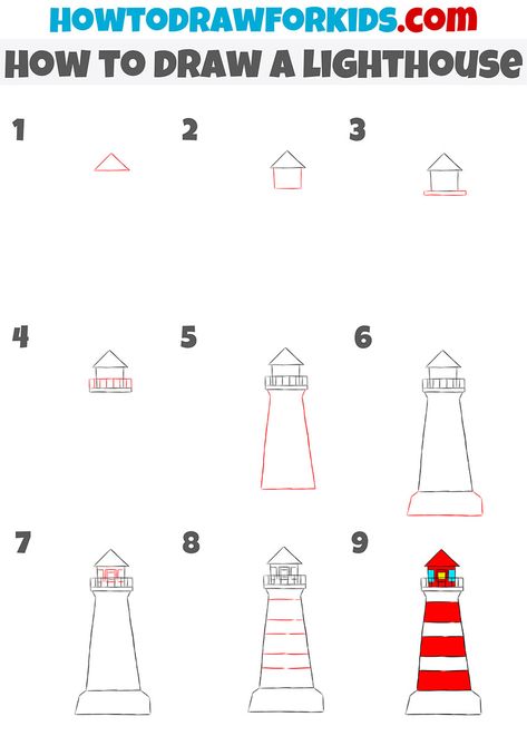 Step By Step Lighthouse Painting, Lighthouse Easy Drawing, Drawing A Lighthouse, Drawings Of Lighthouses, Watercolor Lighthouse Paintings Easy, Easy Lighthouse Painting For Beginners, Simple Light House Drawing, Light House Clipart, Lighthouse Sketch Simple