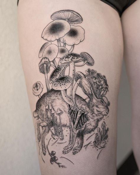 Oozy - decompose rabbit mushroom tattoo Mushroom Tattoo Ideas, Korean Tattoo Artist, Mushroom Tattoo, Nature Tattoo Sleeve, Korean Tattoos, Mushroom Tattoos, Nature Tattoo, Tatuaje A Color, Tiny Tattoo