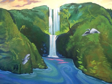 oregon waterfall mural, oregon muralist, portland muralist, columbia river gorge, columbia river gorge mural, oregon mural artist Columbia River Gorge, Waterfall Mural, Gear Room, Mural Artist, Garden Mural, Oregon Waterfalls, Mural Ideas, Columbia River, Jungle Theme