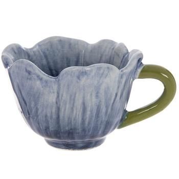 Dimensions: 1.85" x 3.81" x 2.6" Volume: 2 Ounces Material: Ceramic Color: White, Blue & Green Care & Safety: Food Safe; Dishwasher Safe; Not Microwave Safe Quantity: 1 Enjoy a fairy-themed tea party with the help of this Mini Flower Mug. This adorable mug's body is shaped like a flower with scalloped petals and gradient details. The curved handle matches the green center to complete the look. Pair it with other flower-themed decor for a whimsical aesthetic! Ceramic Mugs Vintage, Mug And Plate Ceramic, Flower Mugs Pottery, Pottery Pieces Ideas, Pottery Mug Ideas Paint, Soft Slab Ceramics, Fairy Ceramics, Mug Ideas Pottery, Pottery Mug Designs