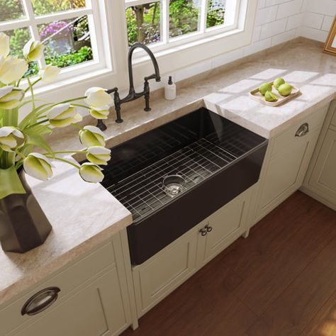 Whitehaus Collection Gothichaus Fireclay 30" x 18" Sink with a Swirl Design Front Apron and a Fluted Front Apron | Wayfair Vintage Farmhouse Sink, Temple Building, Single Basin Kitchen Sink, White Farmhouse Sink, Black Kitchen Sink, Apron Sink Kitchen, Sink Grid, Fireclay Sink, Single Bowl Kitchen Sink