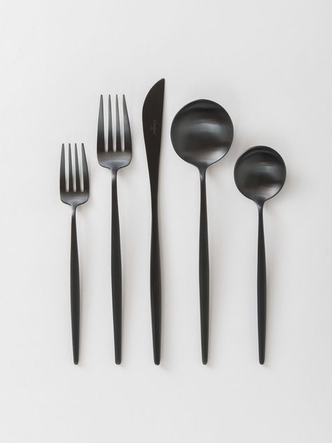 Modern yet timeless brushed black flatware. Brushed black finish, delicate contours and shapes.      INCLUDES 1 Salad/Dessert Fork 1 Dinner Fork 1 Dinner Knife 1 Dinner Spoon 1 Tea Spoon DETAILS Brushed black 18/10 stainless steel        Made in Portugal by Cutipol     Hand wash recommended Estimate Ikea Kitchens, Cutipol Cutlery, Black Flatware, Dessert Fork, Tea Spoon, Salad Dessert, Dinner Fork, Simple Kitchen, Japanese Chef