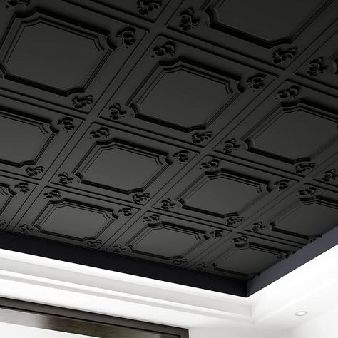 All Black Bedroom Walls And Ceiling, Metal Drop Ceiling Ideas, Bedroom Ceiling Tiles, Art Deco Ceiling Tiles, Office Ceiling Tiles Makeover, Green Wall Black Ceiling, Bar Room Ceiling Design, Utility Room Ceiling Ideas, Hide Drop Ceiling Tiles