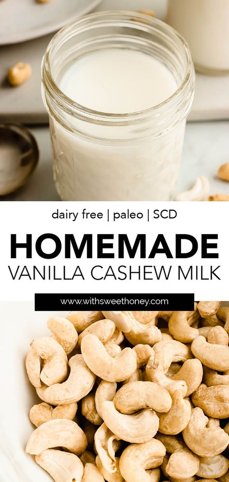 You only need five simple ingredients to make this delicious homemade cashew milk! It's great in coffee, recipes, and on it's own. Find the full recipe on withsweethoney.com! #dairyfree #paleo #nutmilk How To Make Cashew Milk Homemade, How To Make Cashew Milk, Diy Cashew Milk, Cashew Milk Recipe, Homemade Staples, Nut Milk Recipe, No Sugar Desserts, Homemade Cashew Milk, Fodmap Meal Plan