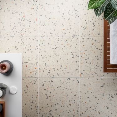 True Terrazzo Collection Cream Backsplash, Terrazzo Floor Tiles, Polished Cement, Colored Concrete, Terrazzo Floor, Backsplash Wall, Shower Style, Terrazzo Tile, Glass Tile Backsplash