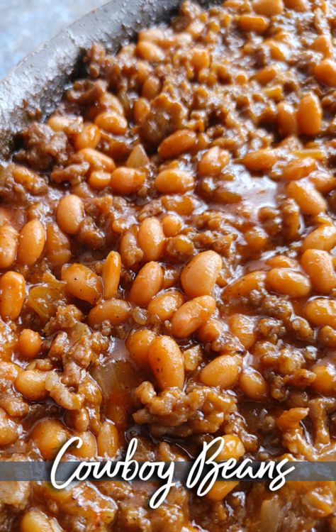 Cowboy Beans! A hearty recipe made with pork n' beans, ground beef, sausage, brown sugar and a simple sauce that's perfect for cookouts, barbeques and covered-dish affairs (finish in crock pot or on the stove). Chili With Pork And Beans, Crockpot Baked Beans With Sausage, Recipes Using Pork And Beans, Pork And Beans Soup, Recipes With Pork And Beans, Crock Pot Pork And Beans, Hamburger Pork And Beans Casserole, Pork N Beans Baked Beans, Bake Beans With Sausage