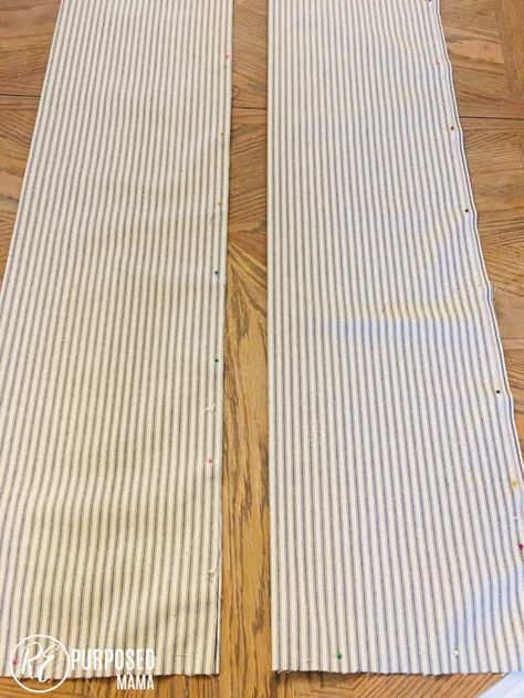 Learn how to make a farmhouse table runner in just a few simple steps. No pattern is needed for this simple farmhouse table runner. Here's how to make a farmhouse table runner in 30 minutes or less. #tablerunner #farmhousetablerunner #diytablerunner #tickingfabric #farmhousetable Dresser Scarf Ideas Table Runners, Diy Farmhouse Table Runner, Rustic Table Runner Ideas, How To Make A Table Runners Diy, Table Runner Ideas For Round Tables, Ideas For Table Runners, Rag Quilt Table Runner, Make Table Runner, Sewing Table Runners Easy