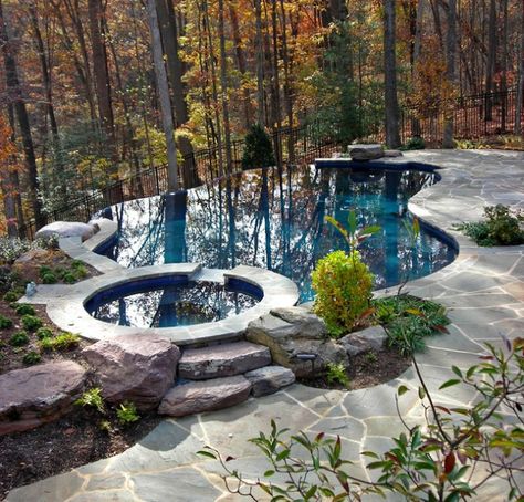 16 Fabulous Infinity Swimming Pools That Will Leave You Speechless Pool Under Trees, Pool Near Driveway, Curvy Pool Design, Pools On A Sloped Yard, Pool In Woods, Pools Built Into Hillside, Rustic Pool Ideas, Raised Pool Ideas, Multi Level Pool