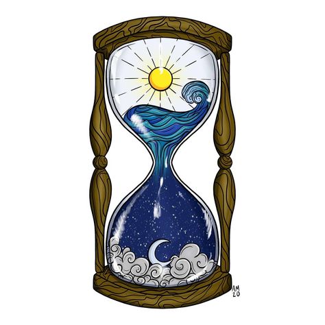 Sun And Moon Hourglass Drawing, Hour Glass Paintings, Hourglass Painting Acrylic, Hourglass Painting, Hourglass Art Design, Sand Hourglass Drawing, Hourglass Art, Magical Hourglass Art, Clock Sticker