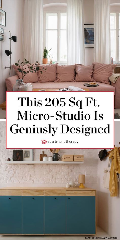 This 205-square-foot micro studio has an ingeniously designed small kitchen and living room. #studio #studioapartment #studiolayout #smallspaces #smallspaceideas #studioapartmentideas #smallspacehacks #storageideas #minimalistdecor #bohodecor Micro Studio Apartment Ideas Tiny Spaces, Tiny Living Room Kitchen, Studio Apartment No Kitchen, 200 Square Feet Studio Apartment Ideas, Tiny House Kitchen Living Room, Studio Apartment Kitchen Living Room, Never Too Small Micro Apartment, 400 Sqft Studio Apartment Ideas, Open Space Studio