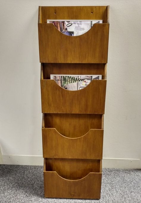 1960s Tall Teak Wall hanging Record/Newspaper/Magazine Rack Vintage Magazine Display, Newspaper Stand Design, Magazine Rack For Boutique, Piano Bookshelf, Office Magazine Rack, Wall Rack Design, Wall Mounted Wooden Magazine Rack, Newspaper Storage, Magazine Rack Wall