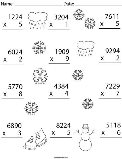 Winter Multiplication Practice 4 Digit by 1 Digit Math Worksheet - Twisty Noodle 4 Digit By 1 Digit Multiplication, Christmas Multiplication Worksheets, Free Printable Multiplication Worksheets, Third Grade Math Activities, Holiday Math Worksheets, Printable Multiplication Worksheets, Math Division Worksheets, Third Grade Math Worksheets, Math Fact Worksheets