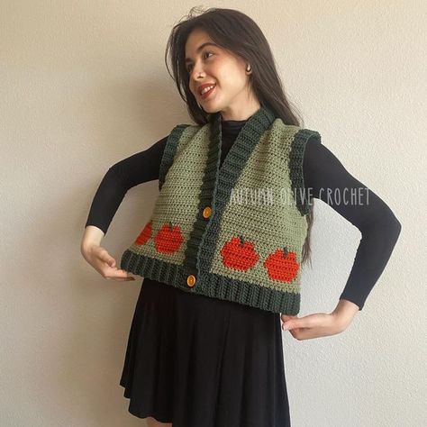 Crochet Thanksgiving Sweater, Pumpkin Sweater Crochet Pattern, Autumn Olive Crochet, Halloween Crochet Aesthetic, Crochet Vest With Buttons, Cute Crochet Vest, Crochet Pumpkin Sweater, Halloween Sweater Crochet Pattern, Crochet Halloween Sweater Pattern