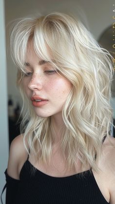 Very Bright Blonde Hair, White Shag Hair, Hair Color Blonde Ideas, Girl With Platinum Blonde Hair, Edgy Blonde Hair Grunge, Trendy Colored Hair, Cool Toned Blonde Hair Pale Skin, Shades Of Platinum Blonde, Platinum Blonde Shag