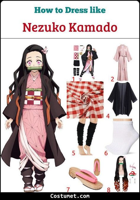 Nezuko Kamado Costume from Demon Slayer for Cosplay & Halloween 2022 Nezuko Dress Pattern, Demon Slayer Nezuko Outfit, Diy Nezuko Costume, Nezuko Cosplay Outfit, Demon Slayer Cosplay Ideas, Nezuko Clothes, Demon Slayer Dress, Diy Anime Costume, Demon Slayer Cosplay Nezuko