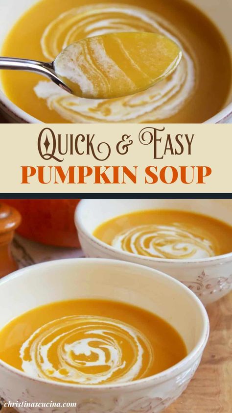 Pumpkin soup is a delicious way to use fresh, canned, or frozen pumpkin, and it's super nutritious! Make a double batch and freeze half. Essen, Easy Pumpkin Soup Recipe, Can Soup Recipe, Pumpkin Sweet Potato Soup, Easy Pumpkin Soup, Pumpkin Soup Recipe Easy, Pumpkin Soup Easy, Pumpkin Soup Healthy, Canned Pumpkin Recipes