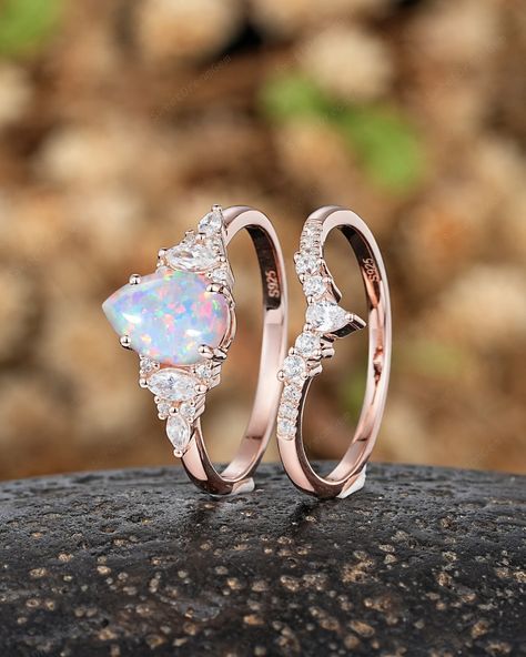 Vintage Pear White Opal Engagement Ring Set Marquise Moissanite Cluster Anniversary Rings for Women Solid Gold Wedding Promise Ring Gifts - Etsy Vintage Opal Engagement Ring Set, Wedding Rings With Opal, Opal Gold Engagement Ring, Promise Engagement And Wedding Ring Set, Diamond And Opal Engagement Ring, Opal Rings Engagement, Fairy Wedding Rings, Wedding Rings Pear, Marquise Wedding Set