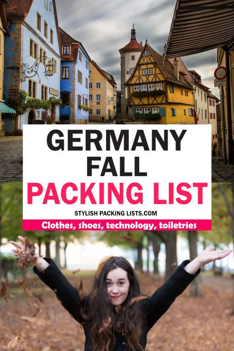 Stylish fall packing list for Germany in September, October and November. Germany Packing List Fall, Autumn In Europe Packing List, Packing For Germany In Fall, Germany In October Outfits, What To Pack For Germany In September, Outfits For Germany Fall, What To Wear In Germany In October, Germany Fall Travel Outfits, What To Wear In Germany In September