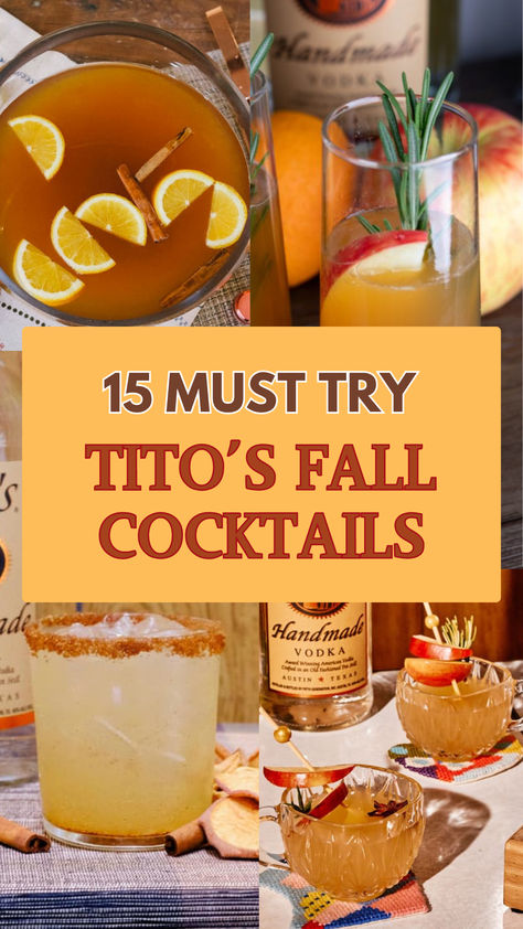 Tito’s Cocktails Tito Cocktails, Vodka Food Recipes, Drink Recipes With Titos, Hot Vodka Cocktails, Tito's Mixed Drinks, Titos Drinks Recipes, Tito’s Fall Drinks, Coctails Recipes Easy Fall Vodka, Titos Punch Recipes