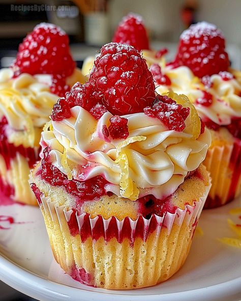 Raspberry Lemon Heaven Cupcakes - A Delightful Dessert! - Recipes By Clare Lemon Desserts In A Cup, Raspberry Cream Cheese Cupcakes, Cupcake Recipes Fruit, Cupcake Recipes Raspberry, Strawberry Lemonade Desserts, Raspberry Pistachio Cupcakes, Lemon Cupcakes With Raspberry Filling, Yellow Birthday Cupcakes, Raspberry Lemon Heaven Cupcakes