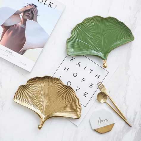 Gold Trim Ginkgo Leaf Tray #craft, #leaf, #tray Craft Leaf, Desk Organizer Tray, Bar Fancy, Ceramic Leaf, Desk Tray, Ginkgo Leaf, More Design, Modern Shop, Desk Organizer