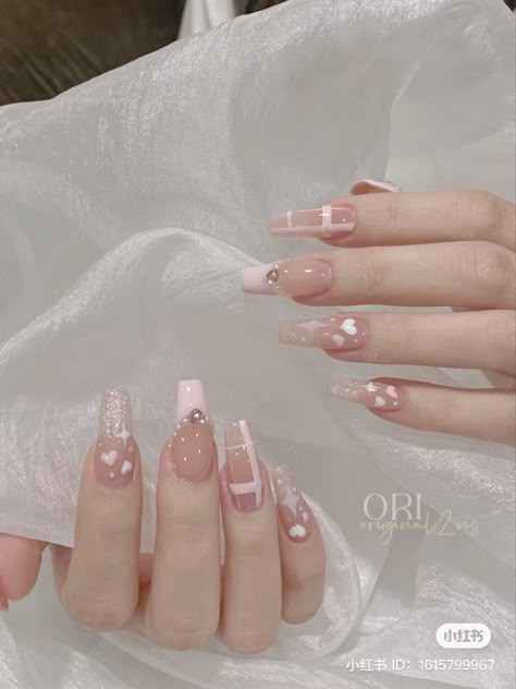 Simple Asian Nail Designs, Korean Nails Valentines, Korean Coffin Nail Ideas, Ballerina Nails Designs Ideas Classy, Nails For Anniversary, Red Douyin Nails, Pink Nails Korean, Asian Nail Designs, Simple Nail Designs Summer