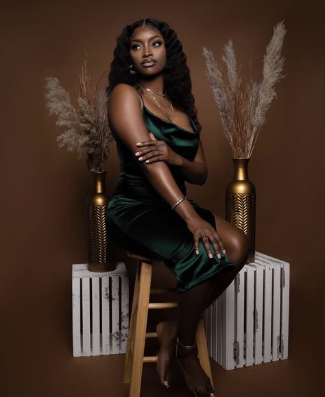 Earth Tone Photoshoot Black Women, Satin Dress Photoshoot Studio, Photoshoot Idea Black Women, Photoshoot Ideas Brown Background, Studio Photoshoot Ideas For Women Dress, Green Dress Studio Photoshoot, Melanin Photoshoot Ideas Studio, Emerald Green Dress Photoshoot, Studio Shoot Ideas Black Women