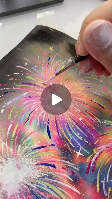 Firework Painting Tutorial, Diwali Painting Watercolour, Watercolor Fireworks Tutorial, New Years Painting Ideas For Kids, Fireworks Watercolor Painting, Firework Painting For Kids, Fluorescent Painting Ideas, Watercolour Fireworks, Fireworks Art For Kids