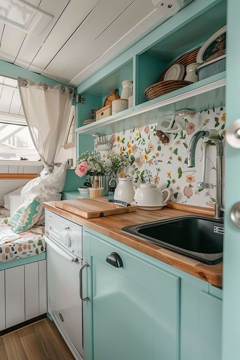 29 Small Camper Interior Desgin Inspirations - TastyInteriors Vintage Caravans Interiors, Turquoise Camper Interior, Vintage Camper Van Interior, Small Vintage Camper Interior Ideas, Custom Camper Interior, Diy Small Camper Remodel, Tiny Camper Interior Ideas, Vintage Camper Remodel Ideas, Tiny House Camper Trailers